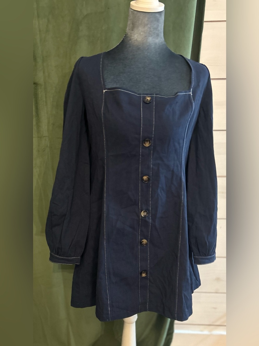 Women's Navy Button-Front Square Neck Dress